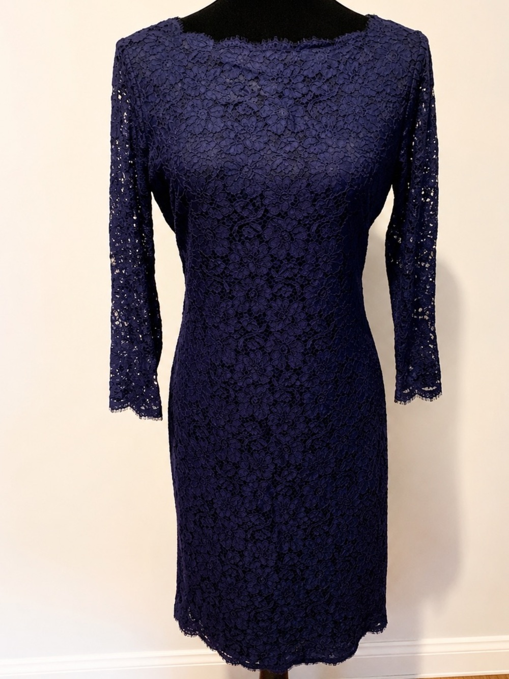 Diane von Furstenberg Navy Lace Dress Cocktail Wedding Guest Sheath Size 12